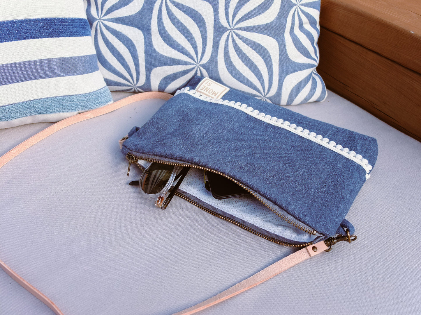 Denim blue canvas clutch bag